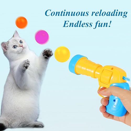 Miniatura 6 de REWIS Lanzador de bolas de juguetes para gatos, 100 bolas de pompón para gatos y 1 lanzador de juguete para gatos, juguetes interactivos de bola de