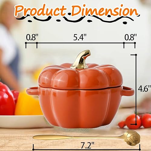 Miniatura 6 de Tazón de cerámica de calabaza otoñal con tapa, apto para microondas y lavavajillas, 15 onzas, cuenco para sopa de calabaza con asa, tarro de