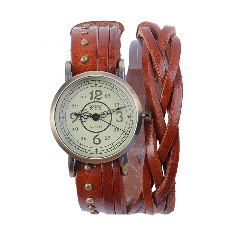 MINILUJIA Genuine Leather Braided Strap Double Wrap Aound Watch for Women Vintage Bohemian Style Bronze Small 26mm Roman Number Dial Adjustable Wrap WatchBrown