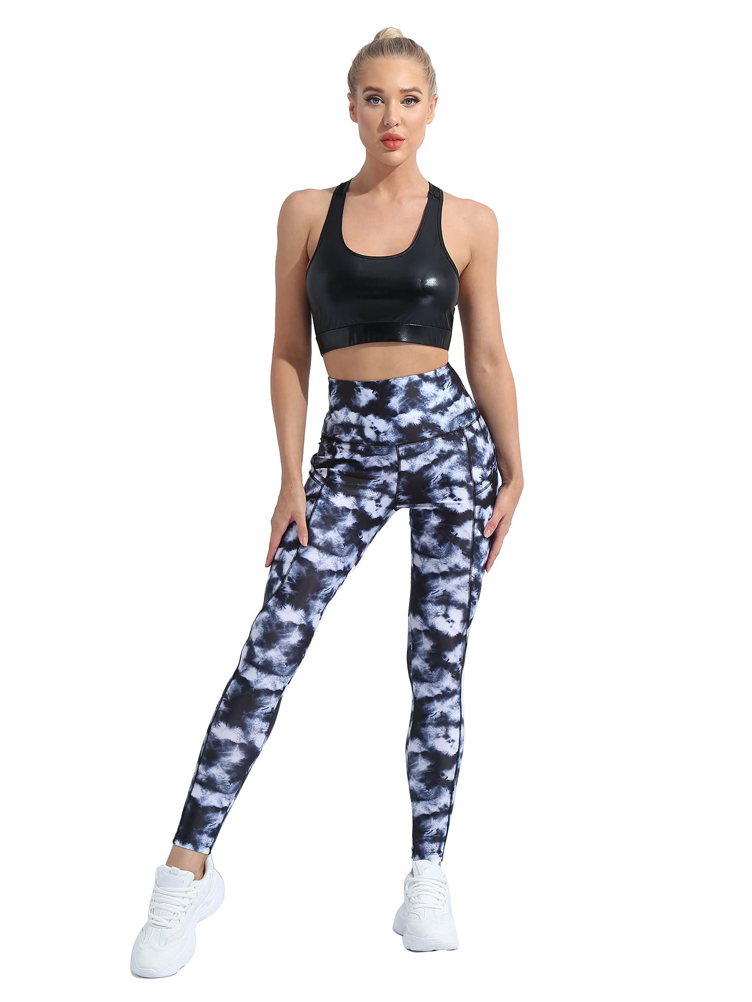 Hansber Women Two Piece Athletic Sets Metallic Mesh Sport Bra Crop Top with Slim Leggings Pants Workout Running