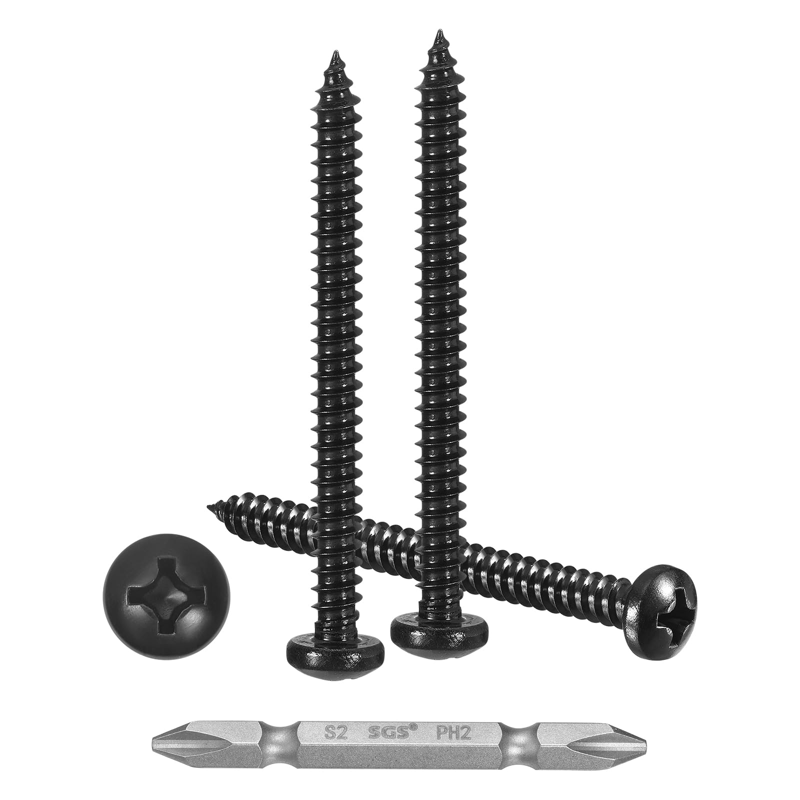 METALLIXITY Phillips Pan Head Self Tapping Screws(#8x2") 80Pcs, 304 Stainless Steel Self Drilling Screw for Metal Wood Plastic with Bit, for Cabinet Wall Shutter Plate Rock Furniture, Black