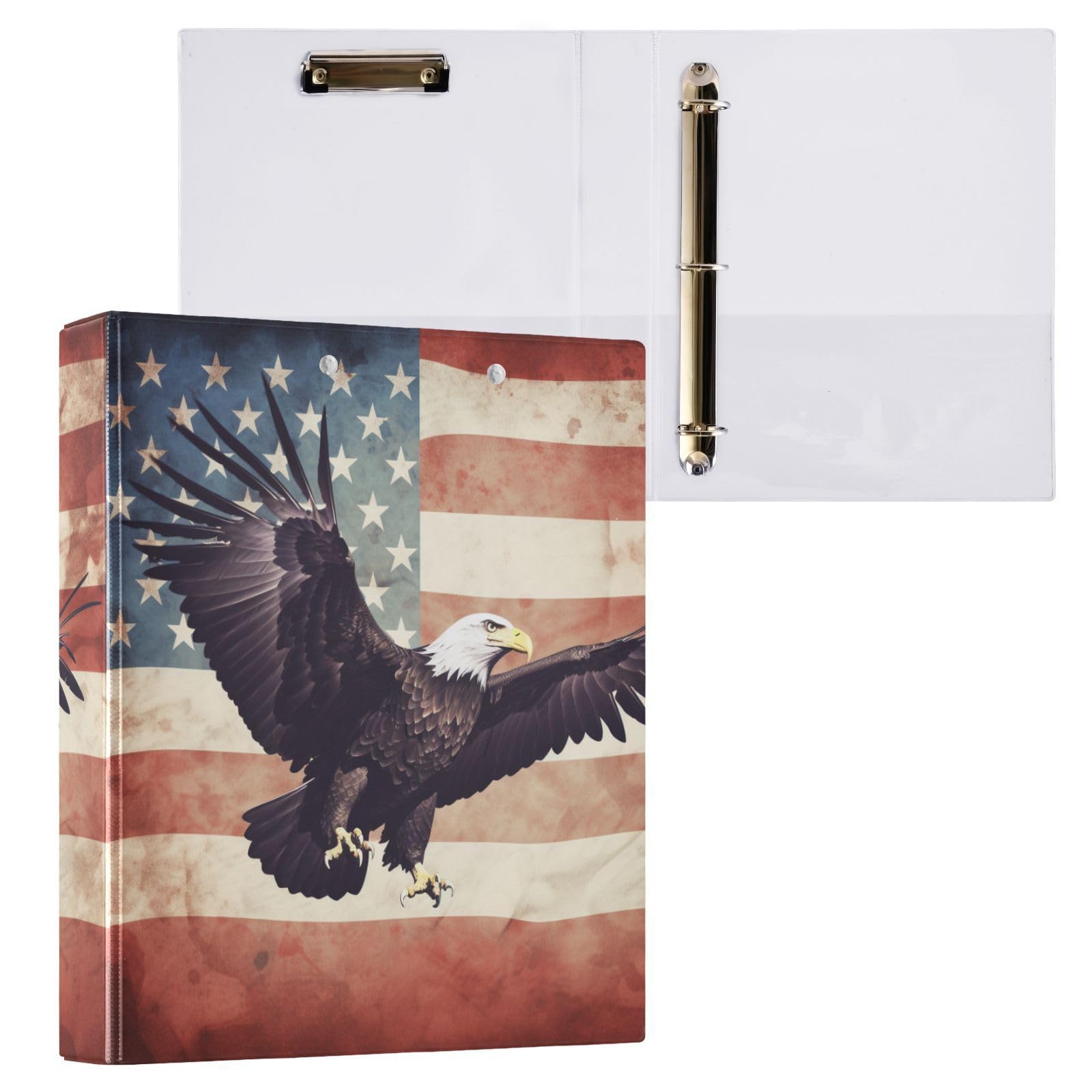 ALAZA Raccoglitore a 3 anelli con 3 tasche interne in PVC trasparente, con bandiera americana, 200 fogli, per ufficio, casa, scuola, confezione da 1