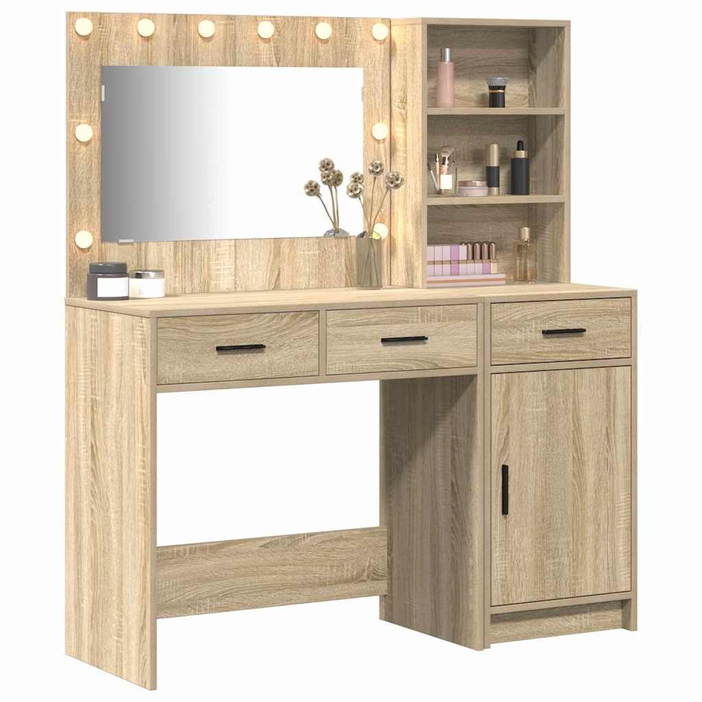 Tavolo da trucco in legno multistrato marrone con specchiera e luce LED, scrivania con cassetti e portaoggetti, mobiletto consolle salvaspazio per camera da letto