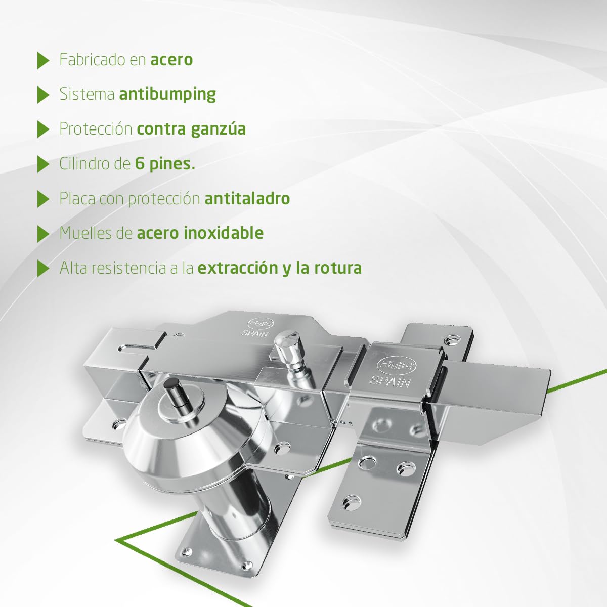 Amig - Cerrojo de Sobreponer con Resbalón de Alta Seguridad - Cilindro 50 mm - 90 x 154 mm - Acero - Cromado Brillo - Antibumping y Antitaladro - Cierre a la Izquierda