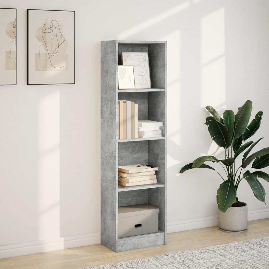 Bücherregal Betongrau aus Holzwerkstoff 40x24x143 cm, Standregal mit offenem Regalsystem, Stauraum für Bücher, Akten und Deko, vielseitiges Aufbewahrungssystem für Wohnzimmer und Büro