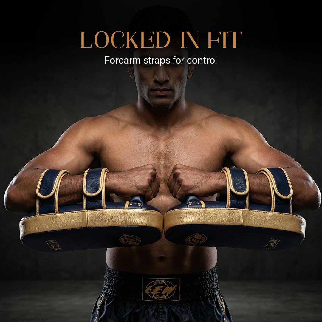 Aurum Muay Thai Kick Pads Pair, Synthetic Leather Thai Boxing Training Pads, Multilayer Foam Padded Strike Shields, 16 x 8 x 6 Inch, Black Gold, 3 Kg 4