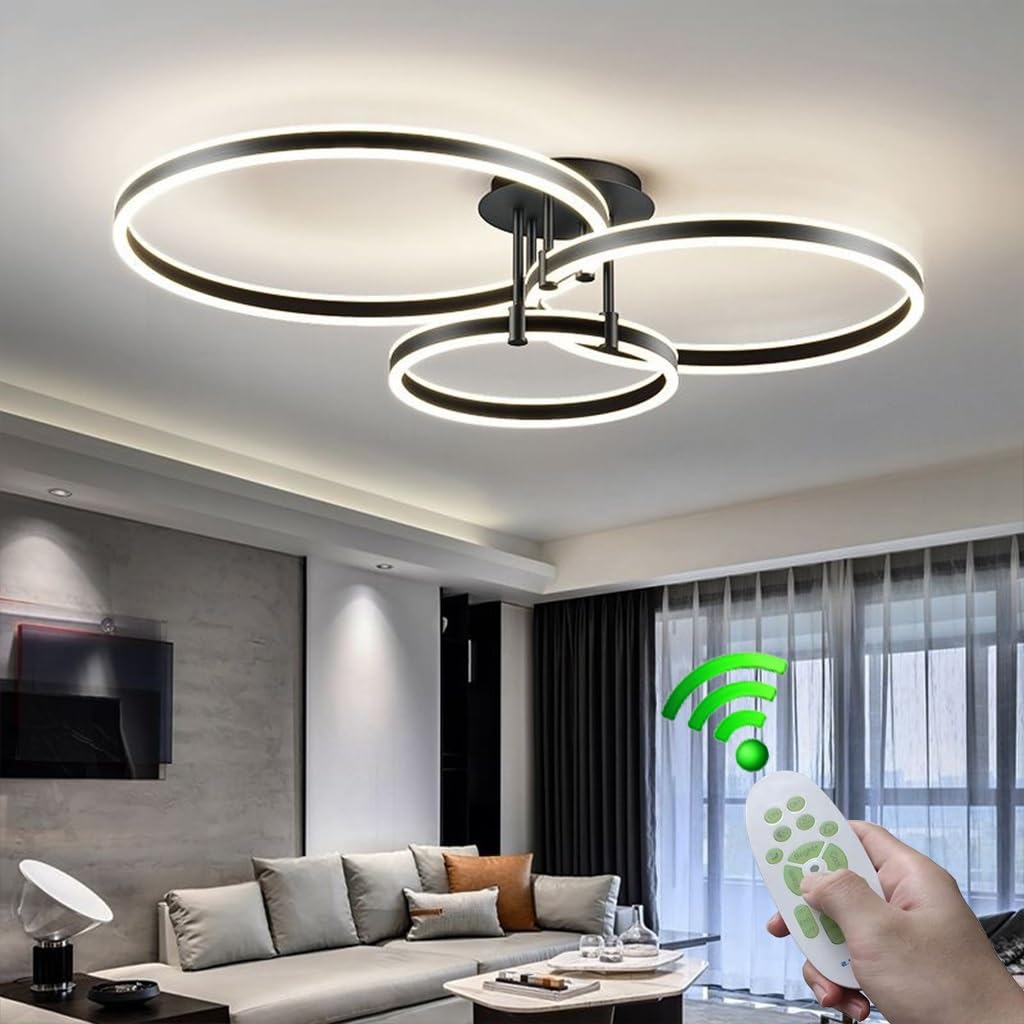 Moderne LED Deckenleuchte 117W dimmbare Deckenlampe mit Fernbedienung 3-Ring Einbau Deckenleuchten schwarzer Metall Kronleuchter Deckenlicht für Wohnzimmer Schlafzimmer Küche Beleuchtungskörpe