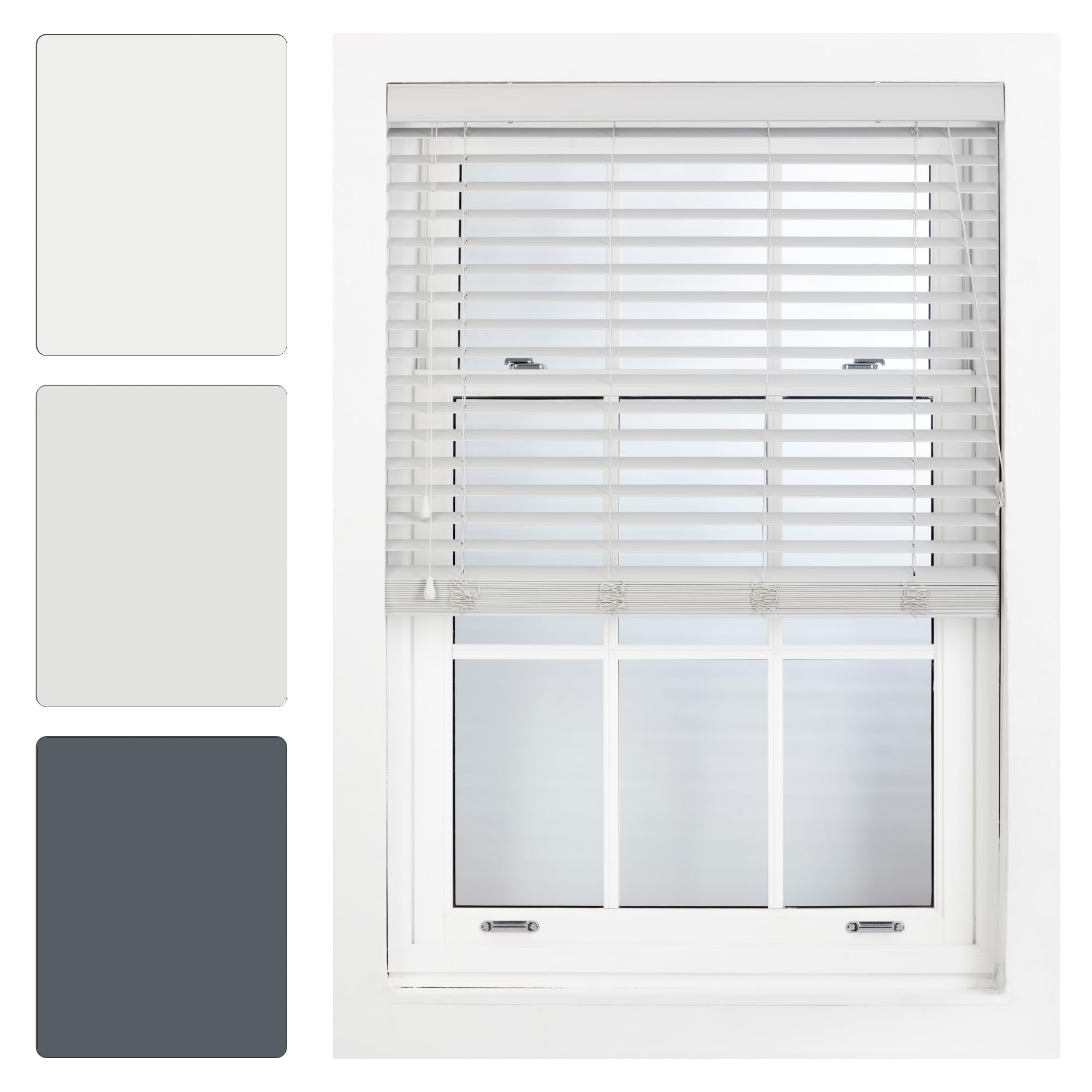 FURNISHED Grey Faux Wood Venetian Blinds 50mm Easy Fit Trimmable Child Safe Home Office Window Blinds, 65cm x 150cm