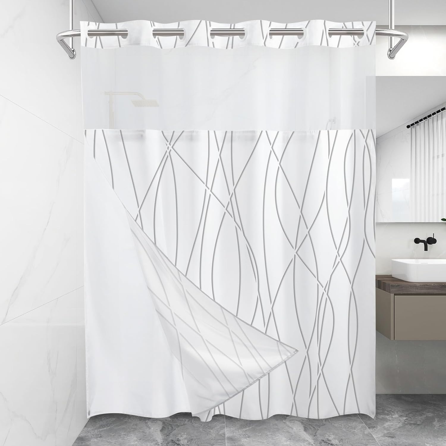 No Hook Grey Shadow Striped Shower Curtain with Snap in Fabric Liner Set - Hotel Shower Curtain and Liner Set with See Through Mesh Top Window,Machine Washable, 71x74 INCH Grey Shadow 71"W x 74"L (Pack of 1)