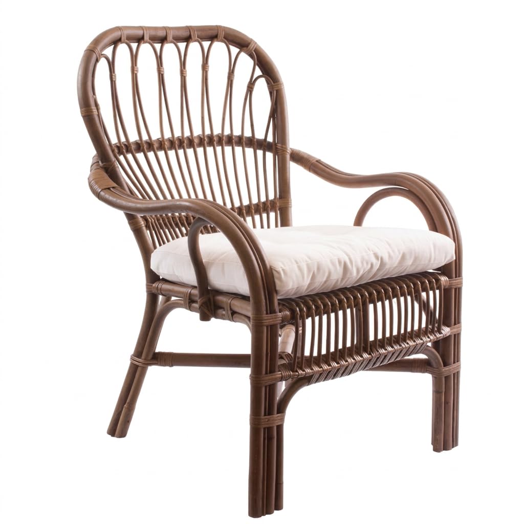 DiKasa Poltrona in Giunco con Cuscino Trapuntato Bianco, Poltrona Rustica Marrone per Interni e Verande Coperte, Seduta Leggera e Resistente, Design Naturale ed Elegante, 57x62x90 cm