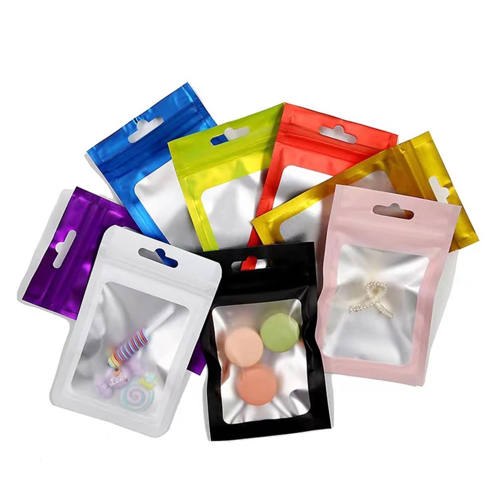 Sacchetti Ziplock, 100 pezzi Zip Lock Sacchetto di alluminio colorato con foro for appendere Finestra trasparente opaca Chiusura lampo autoadesiva Tacca a strappo Confezione alimentare riutilizzabile(