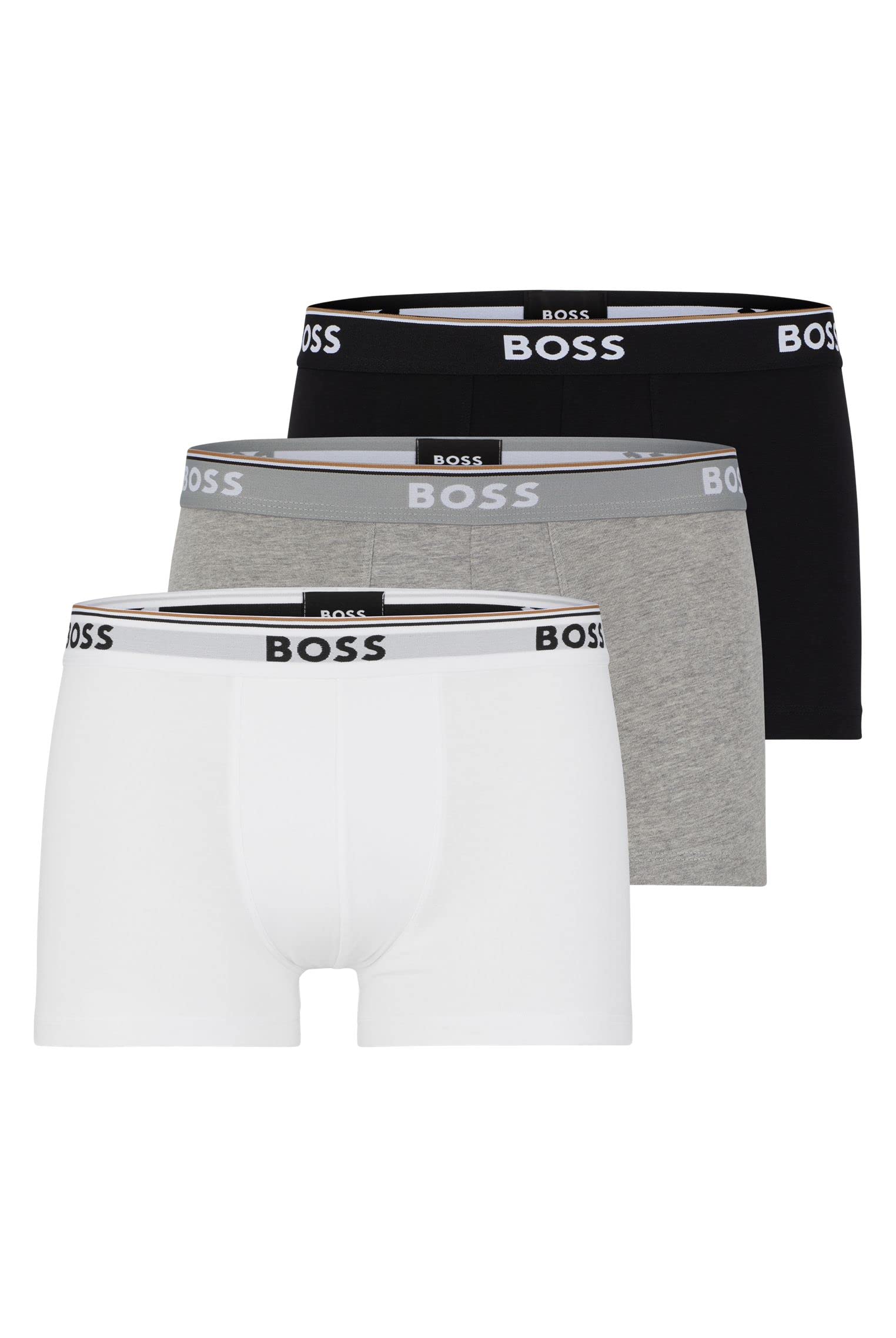 BOSS Mens Trunk 3P Power Three-Pack of Logo-Waistband Trunks in Stretch Cotton