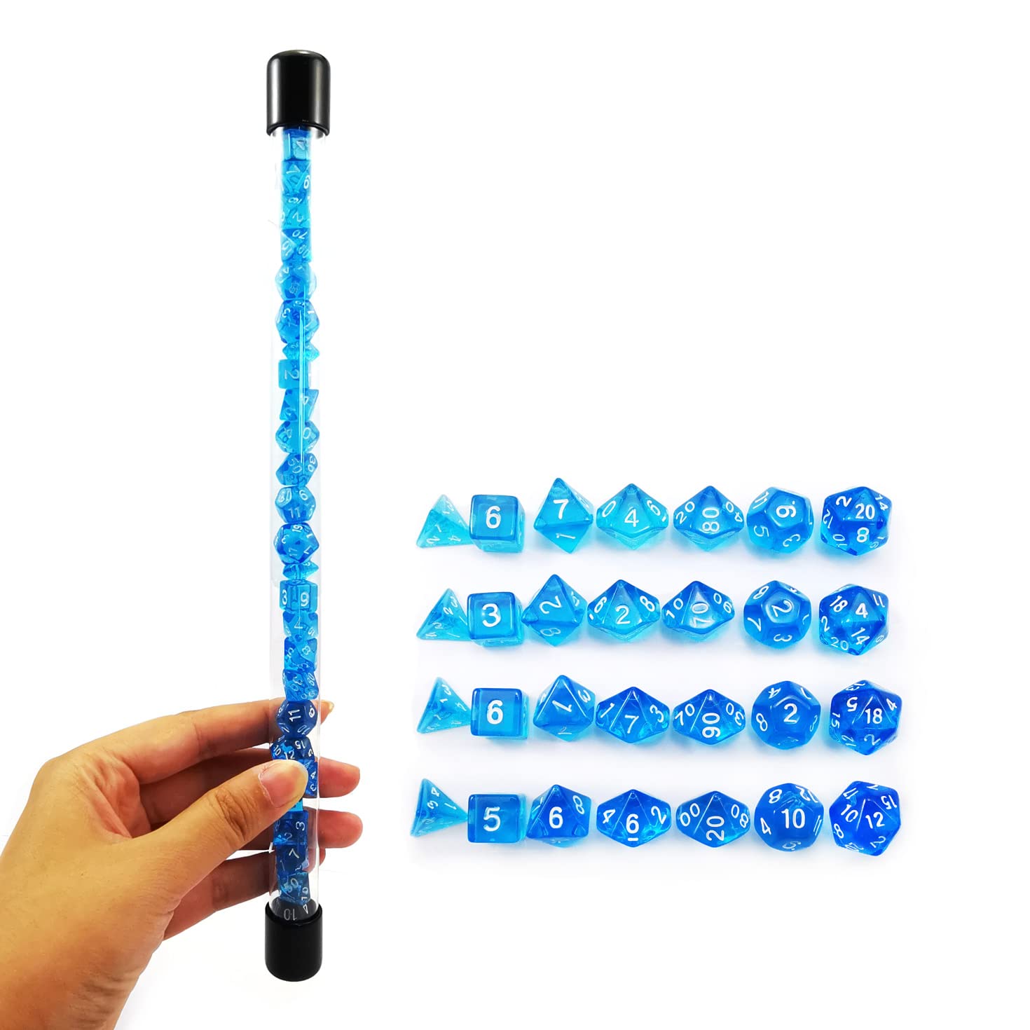 Bescon 28pcs Translucent Blue Mini Polyhedral Dice Set in Tube, Dungeons and Dragons RPG Dice 4X7pcs,Mini Gem Blue Dice Set