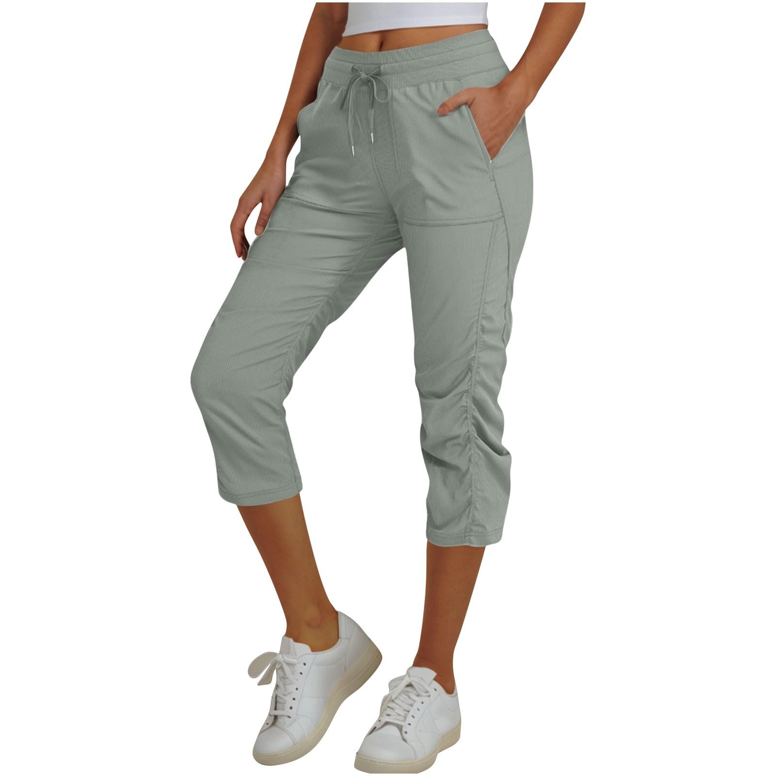 Capri Pants for Women Summer Lightweight Hiking Joggers Outdoor Running Drawstring Ruched Crop Trouser with Pockets(Gray,XX-Large)