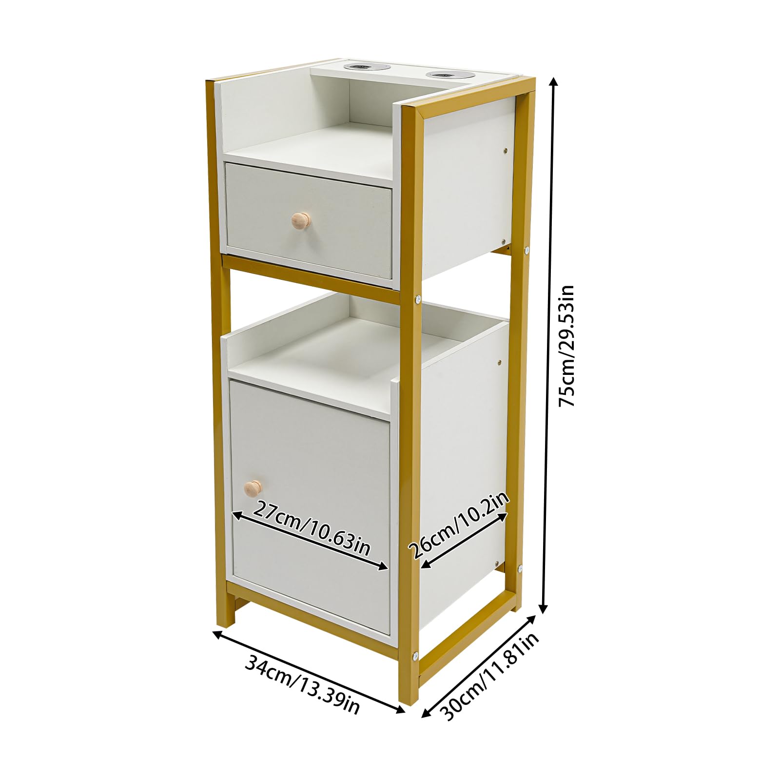 2 Drawers Barber Cabine, Hair Salon Storage Cart, Gold & White Barber Shop Tool Cabinet Multipurpose Tool Cart for SPA Nail Salon (Gold & White)