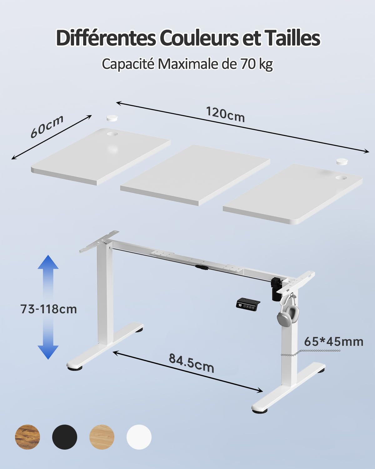 Bureau Assis Debout Électrique 120x60 cm - Réglable en Hauteur Motorisé avec 2 Mémoires - Blanc