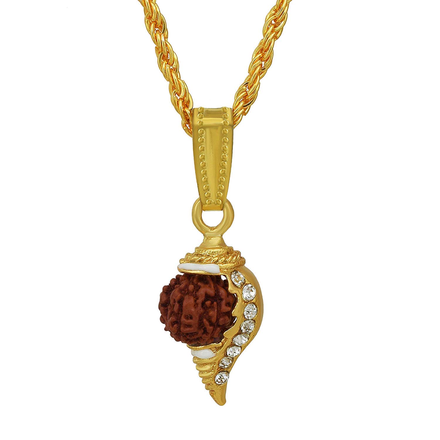 Gold Tone Stone & Rudraksha Studded Shankh Sangu Shell Design Neck Chain Pendant Locket Necklace Temple Jewellery For Men/Women