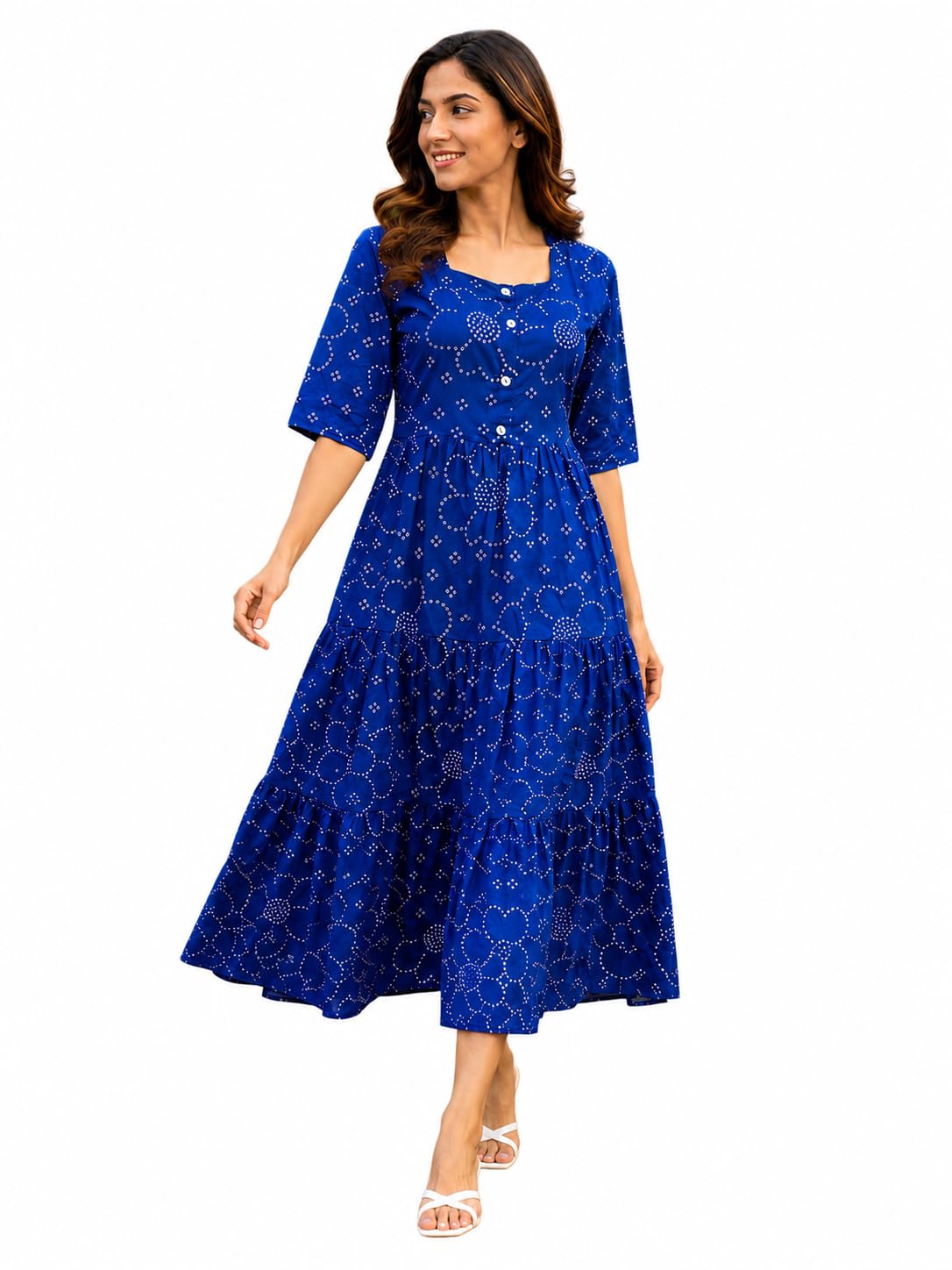 Women's Bandhani Printed Blue Cotton Midi Dress | Square Neck A-Line Tiered Dress with Half Sleeves | Casual Summer Maxi Dress for Office, Vacation, Parties-image-49