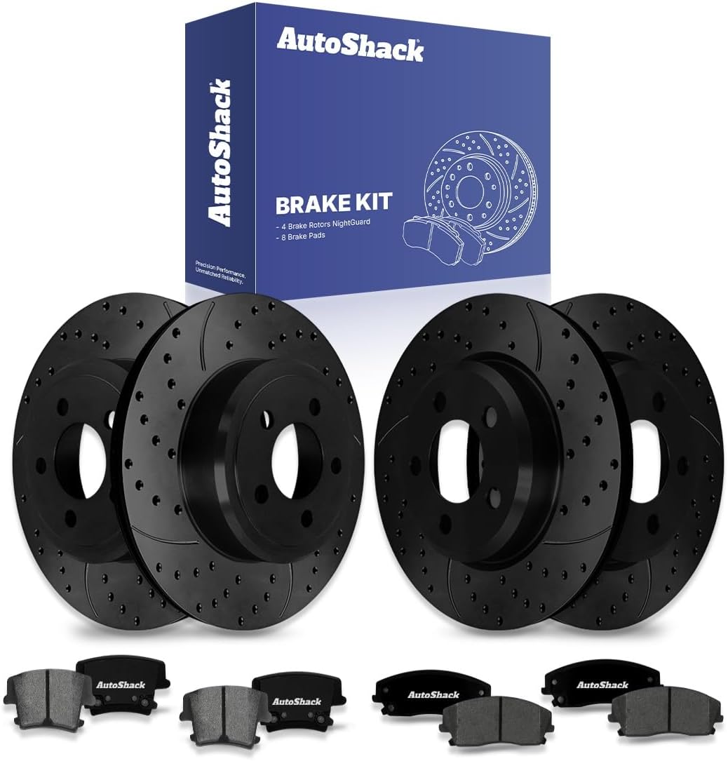 AutoShack Front Vented & Rear Solid Drilled & Slotted E-Coated Brake Rotors Black Finish + Ceramic Pads 12-PC Brake Kit Replacement for 2006-2016 Dodge Charger 2005-2022 Chrysler 300 NightGuard
