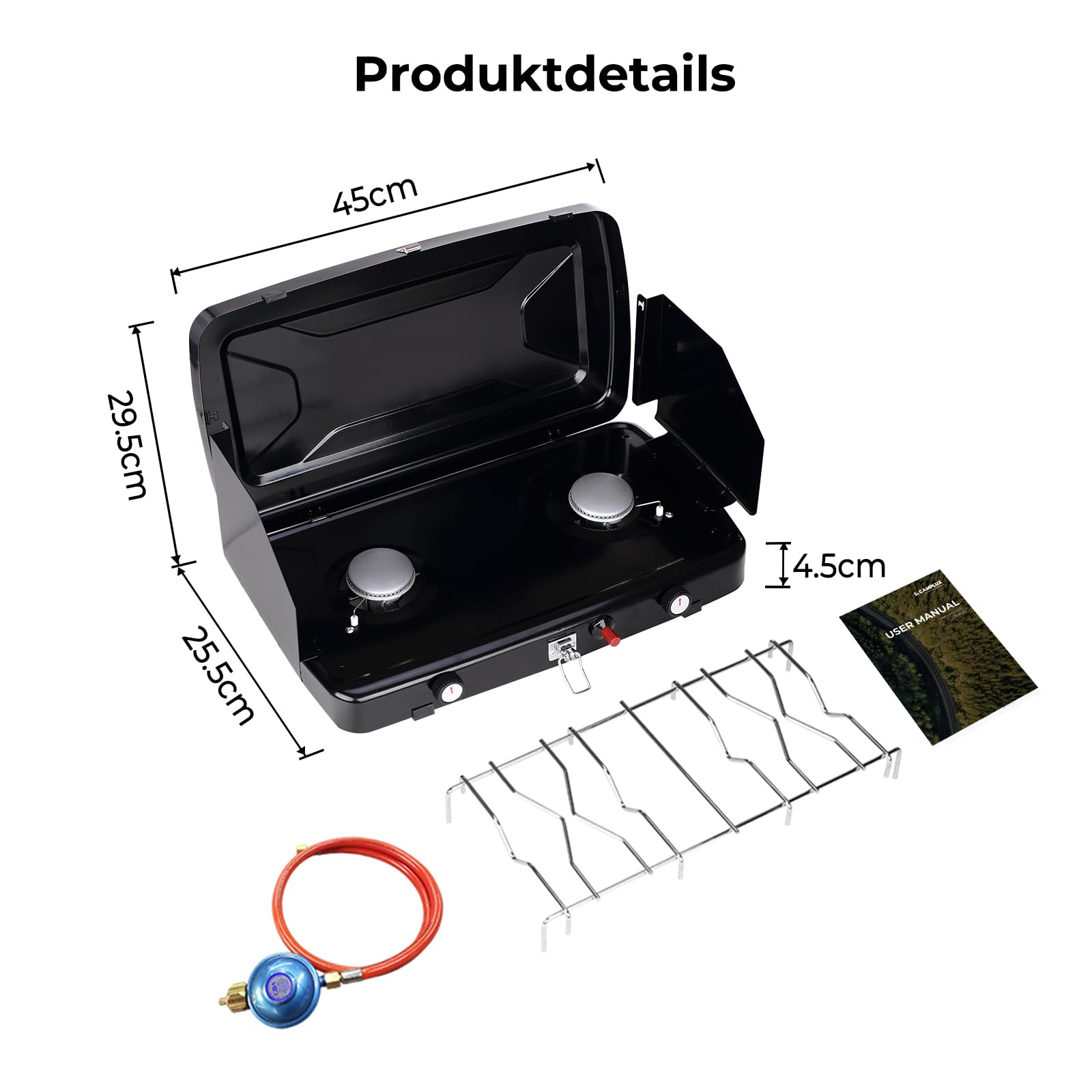 Camplux JK-8620-DE kuchenka kempingowa, 2-palnikowa, kompaktowa kuchenka gazowa z pokrywką, przenośna kuchenka gazowa do użytku na zewnątrz, 50 mbar, 2400 W, LPG
