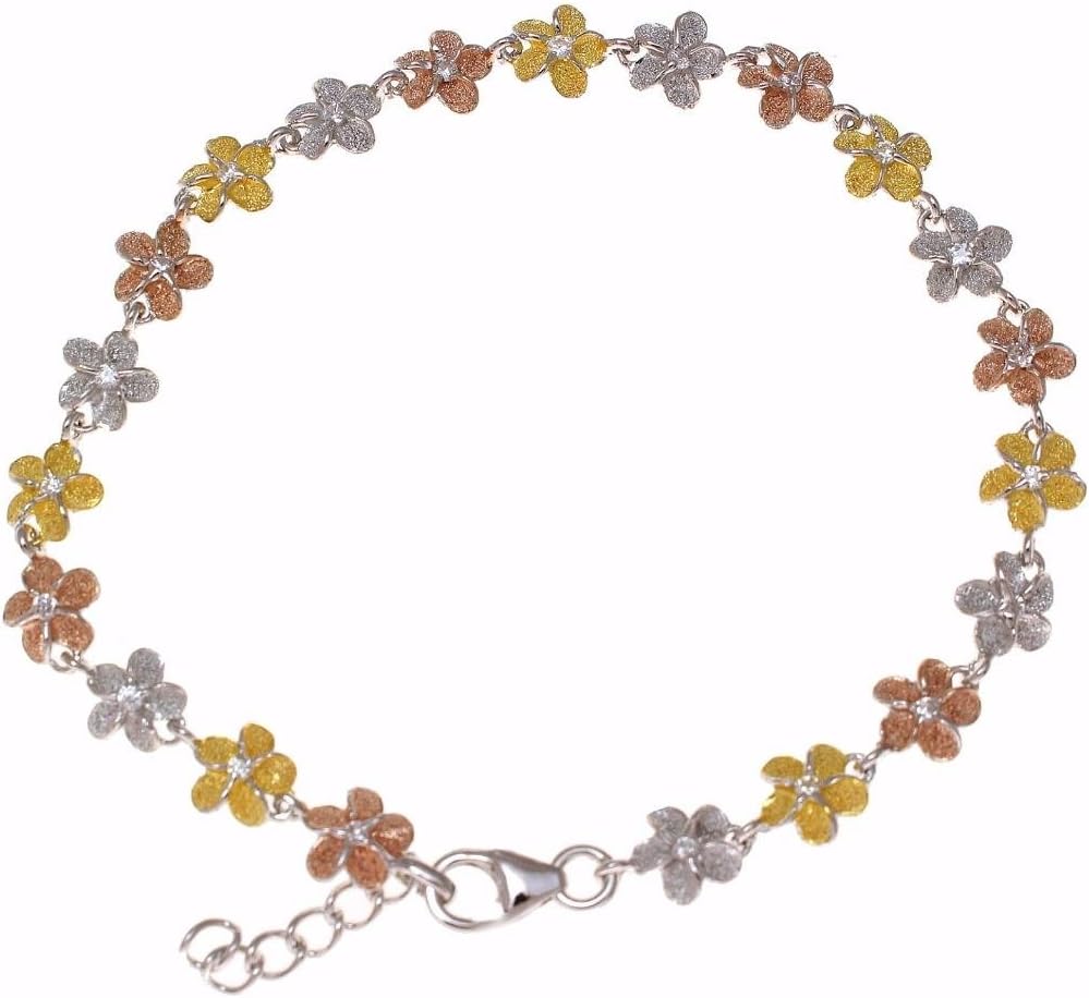 Arthur's Jewelry 925 sterling silver yellow rose gold tricolor plated Hawaiian plumeria flower bracelet 6mm 7"