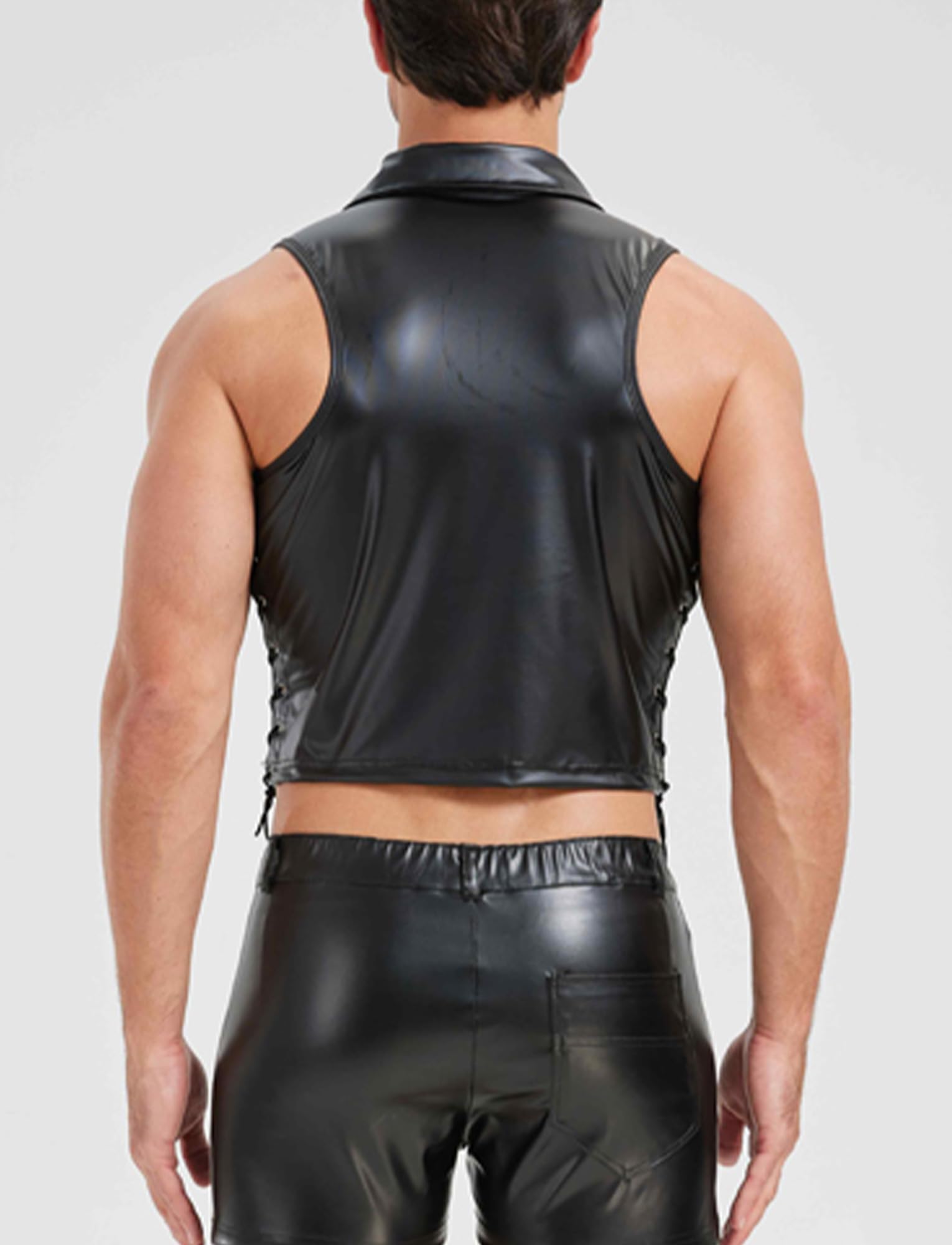 FEOYA Camisetas de látex para hombre, sin mangas, sexy, aspecto mojado, camiseta de látex similar a los hombres, negro, piel sintética, sin mangas, erótica, para hombre