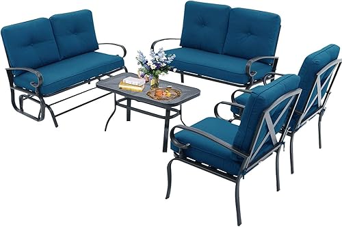 Miniatura 13 de Banco de Patio, Columpio Deslizante de Porche Sofá de Dos Plazas Mecedora para Exteriores, Silla de Marco de Acero con Cojín Grueso (Azul Pavo Real)