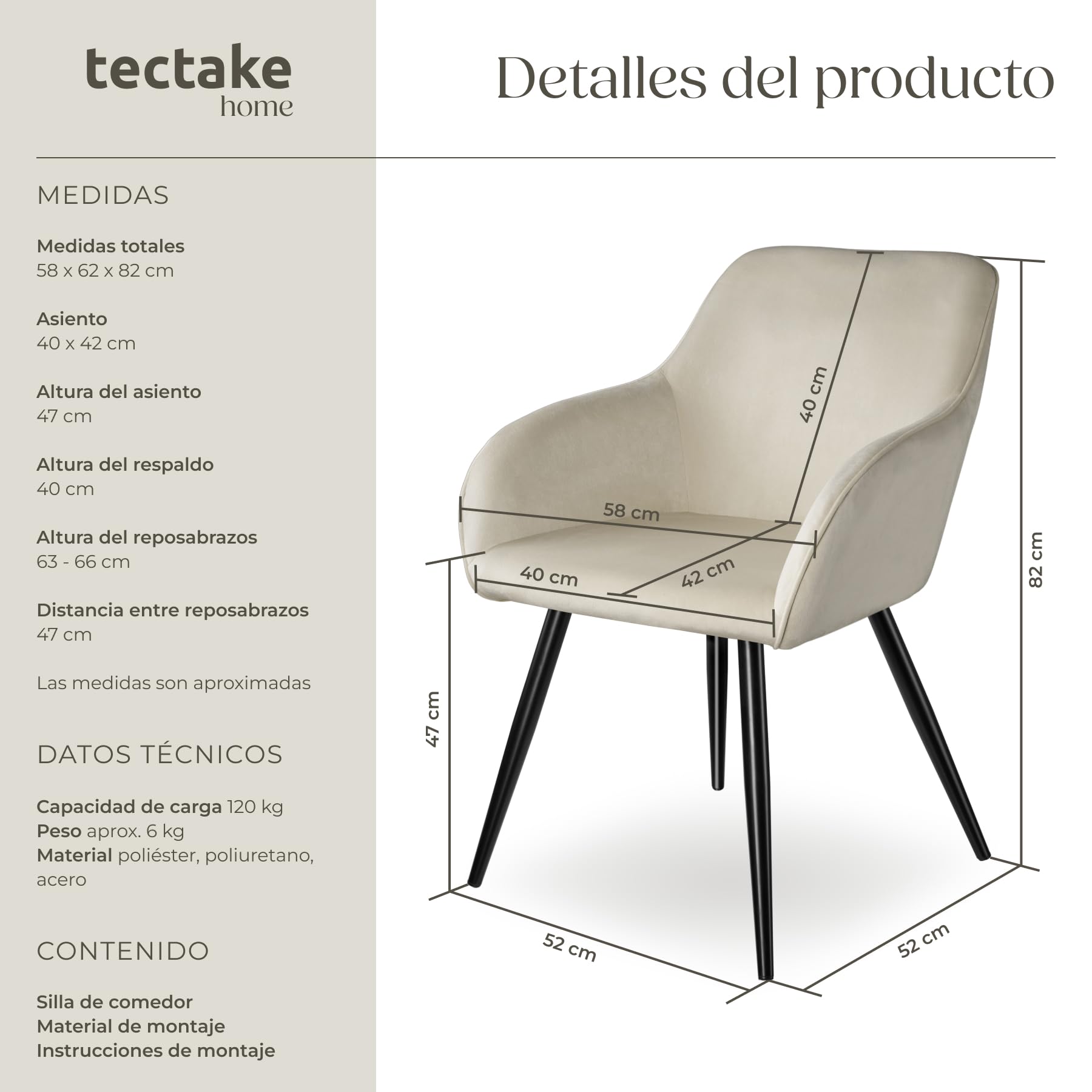 tectake® Silla Tapizada en Terciopelo, Sillas de Comedor Ergonómicas y Versátiles, Gran Estabilidad y Capacidad de Carga, Sillas Cocina Elegante - 1 Silla Crema/Negro