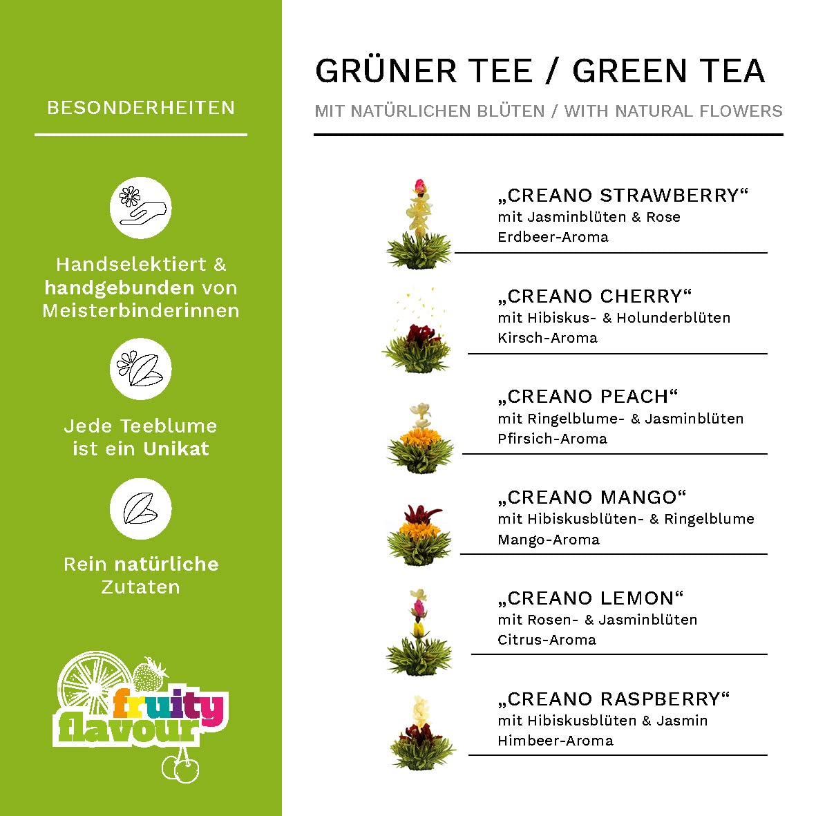 Creano 2er Set Teeblumen Holzpräsentboxen ErblühTee Grüner Tee "Fruity Flavor" + Weißer Tee