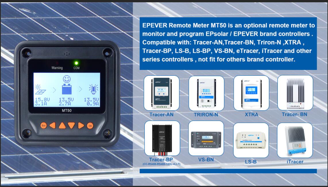 Écran LCD MT50 Pour Contrôleur Solaire Epever Tracer - Communication RS485, Câble 2 M, Surveillance Paramètres