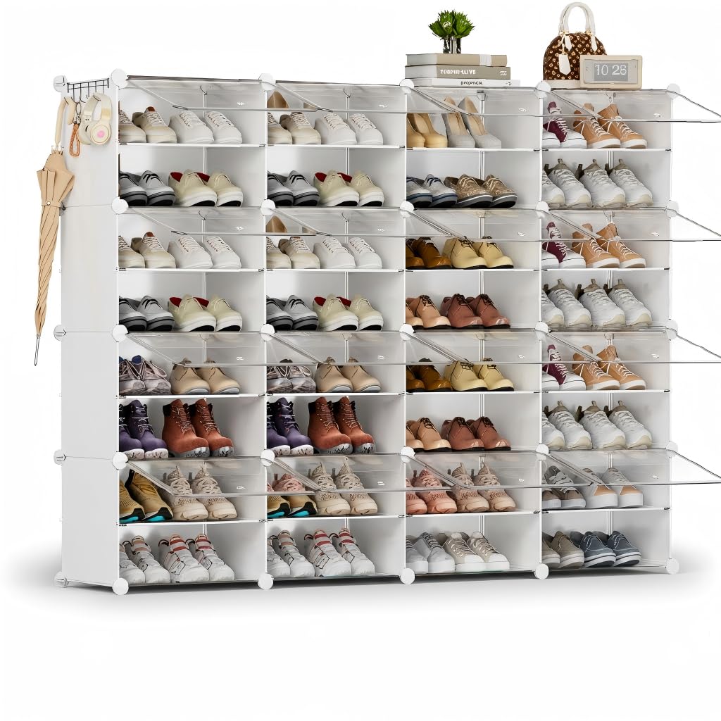 Scarpiera salvaspazio a 32 scomparti con porta, scarpiera modulare in plastica chiusa bianca, mobile per scarpe ingresso fai da te per corridoio camera da letto