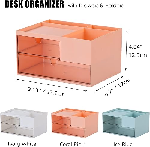 Miniatura 2 de OSteed Organizador de escritorio, caja de almacenamiento de escritorio con cajones y soportes para lápices, maquillaje y manualidades (grande, 2
