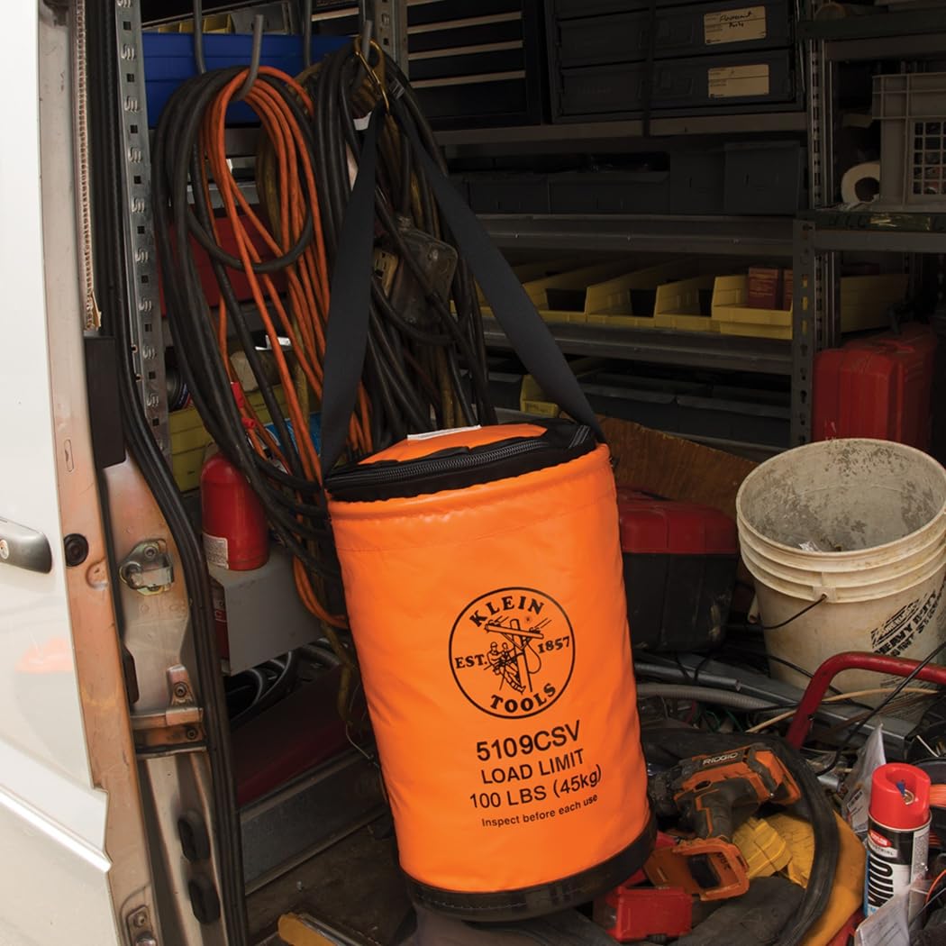 Klein Tools 5109CSV - Cubo de herramientas, cubo de vinilo de cierre superior con broche giratorio y mango de red, naranja, 30 cm, soporte de herramientas de carga nominal de 45 kg