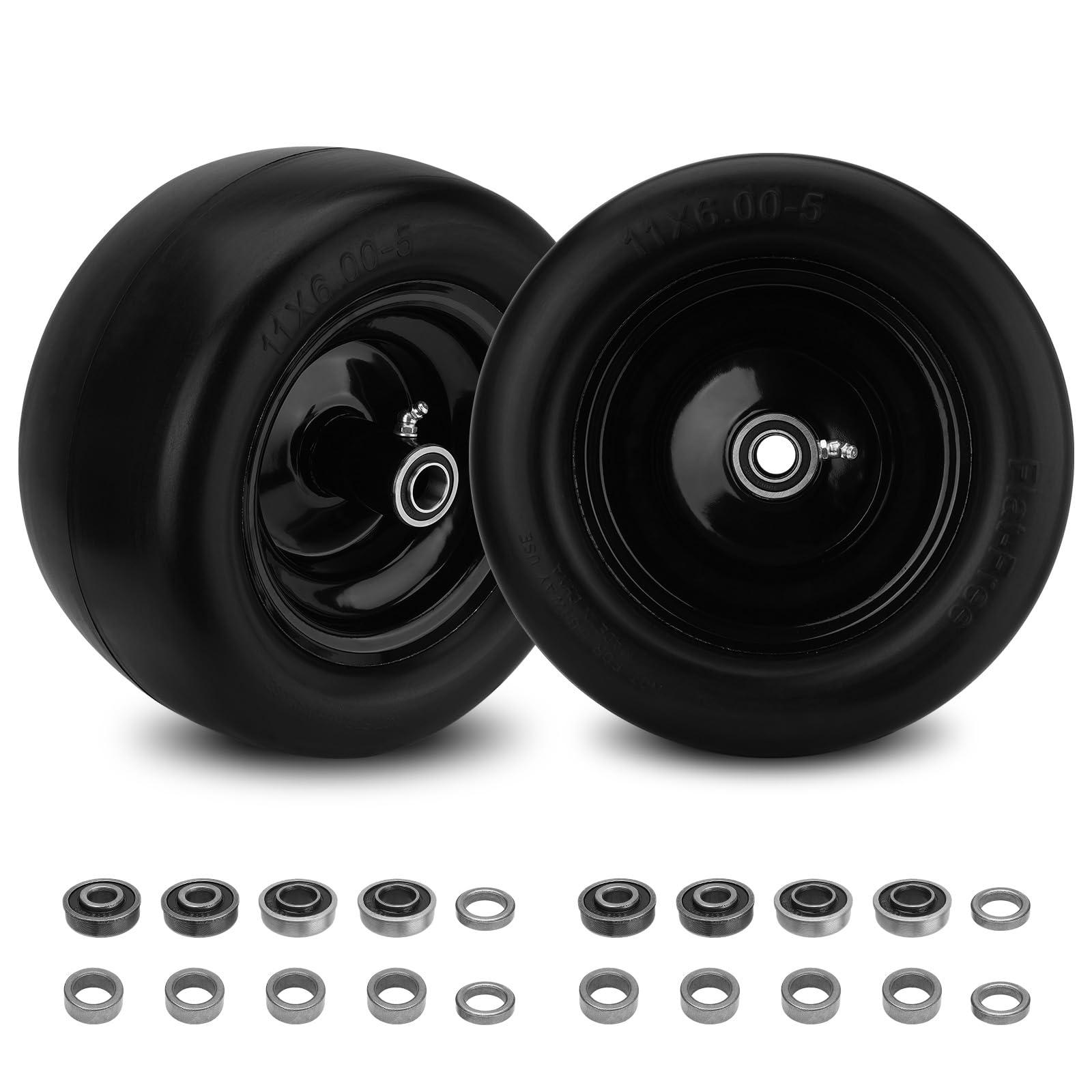 2pcs 11x6.00-5 flat free tire and wheel with 1/2" & 3/4" & 5/8" precision bearings and 5.8"-10.4" centered hub, black front zero-turn smooth tire replacement for riding lawn mowers garden tractor