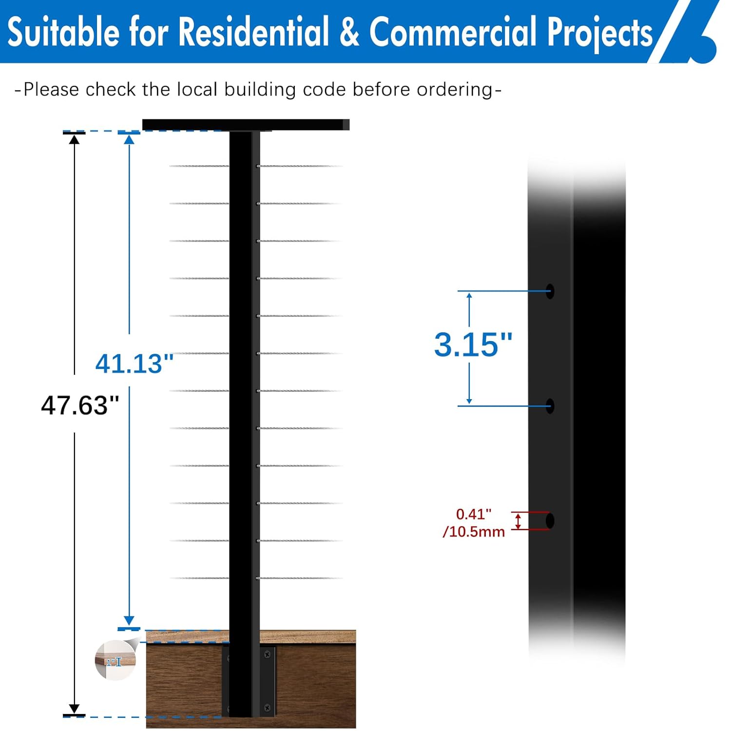 4 Pack Side Mount Level Drilled Cable Railing Post 42x2x2(Post Body 47.6), Fixed Top Level Post with Cable Grommets, SS304 Cable Rail Post, Black Finished Wood Concrete 12 Holes Deck Post