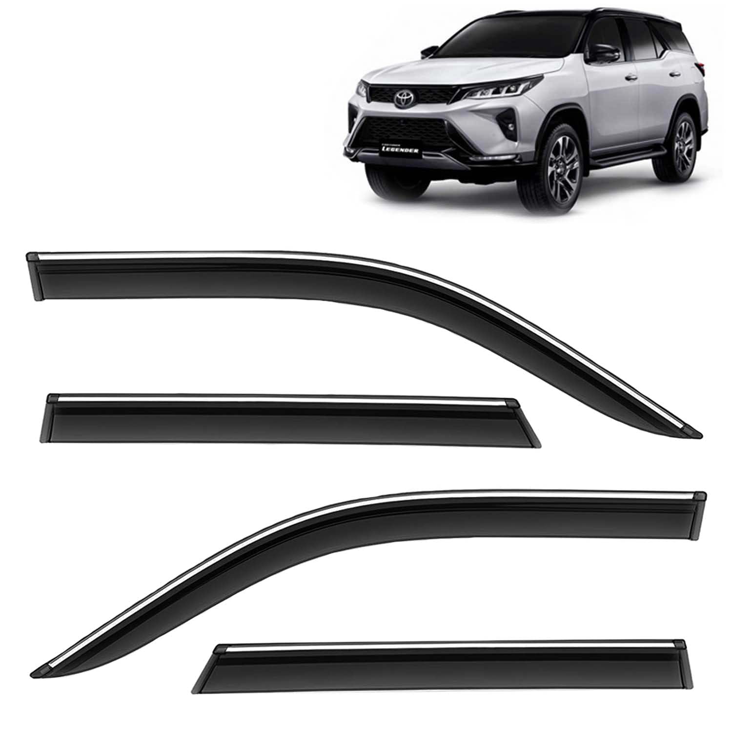 Accessories Chrome Lining Door Visor Only Compatible with Toyota Fortuner Year 2021 to 2025 All Model, Premium Chromeline Unbreakable Car Rain Guard Side Rear Wind Deflectors, Set of 4 Pcs