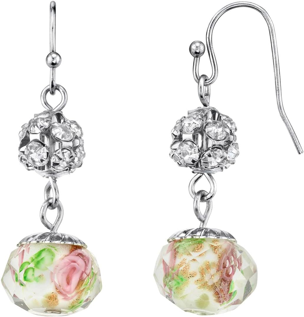 1928 Jewelry Fireball Crystals Pink Flower Bead Drop Silver Tone Dangling Wire Earrings