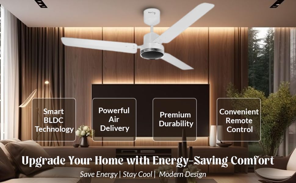 Image of McCoy Velox 1200mm BLDC Ceiling Fan with Remote Control | BEE 5 Star Rated Energy Efficient | 30W |3 Year Warranty| Pearl White