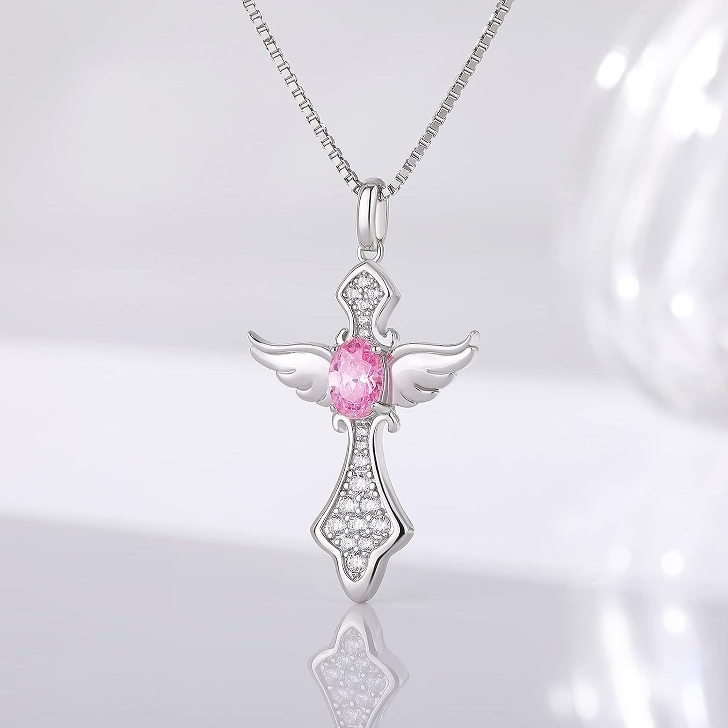 Angel Wing Cross Necklace for Women 925 Sterling Silver Gemstone Pendant Birthstone Religious Jewelry for Mom,Chain 18inch - Image 3