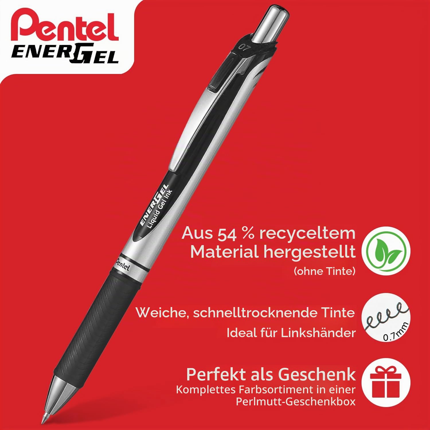 Pentel EnerGel XM BL77 – Packung mit 20 einschiebbaren flüssigen Gelschreibern – 0,7 mm – 54 % recycelt – in Kissenverpackung