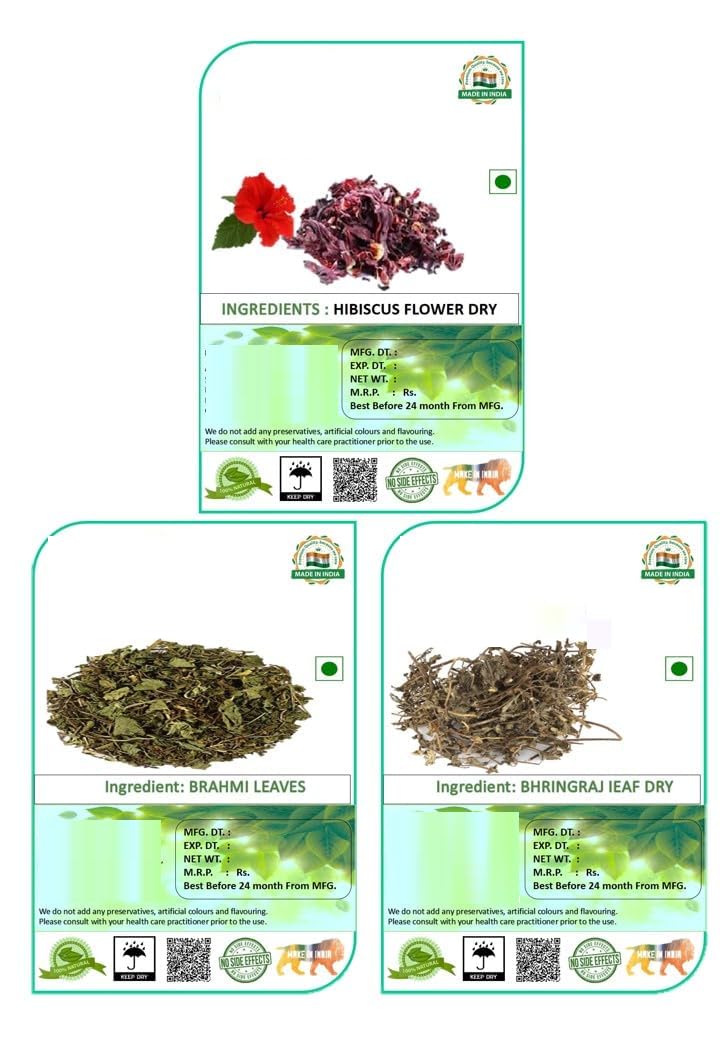 Haarpflege-Kombination, 3 Stück, getrocknete Bhringraj Brahmi & Hibiskusblüten für Haarwachstum und Stärkung – 3 Stück – 300 g