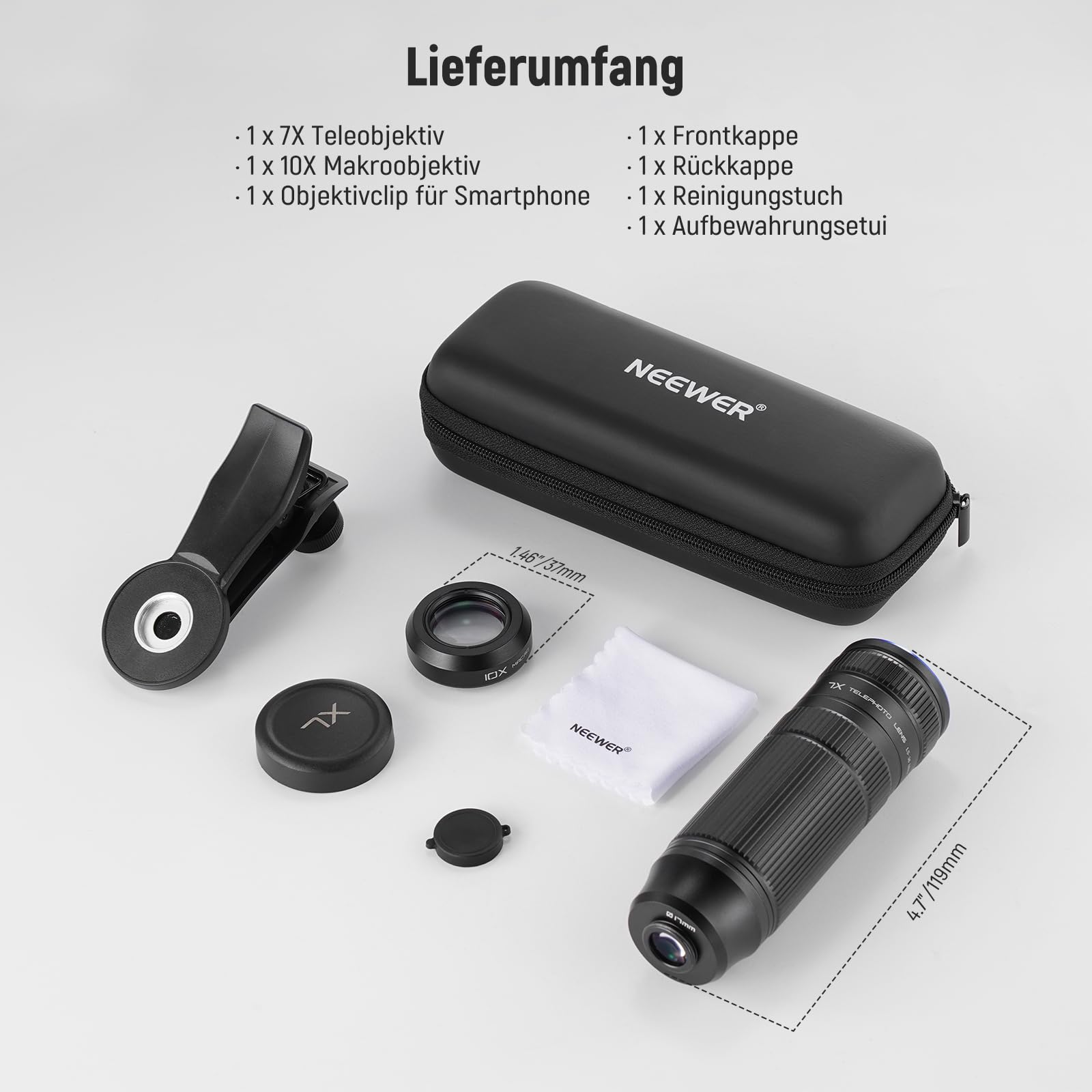 NEEWER 7X Telephoto Objektiv mit Handy Kamera Objektiv Klemme, abnehmbares 10X Makro für 17mm Gewinde Rückplatte/Telefonkäfig/Kompatibel mit iPhone Samsung, LS-36 Ultra