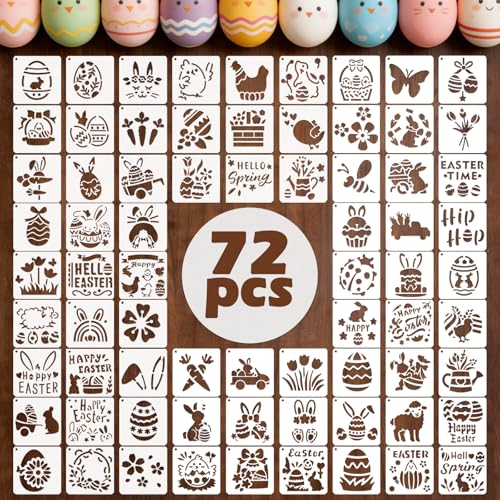 72 PCS 3x3 Inch Easter Stencils for Painting - Reusable Easter Templates Chicks Eggs Bunny Farm Spring Painting Templates on Wood Glass Fabric Window Door Decor DIY Decoration