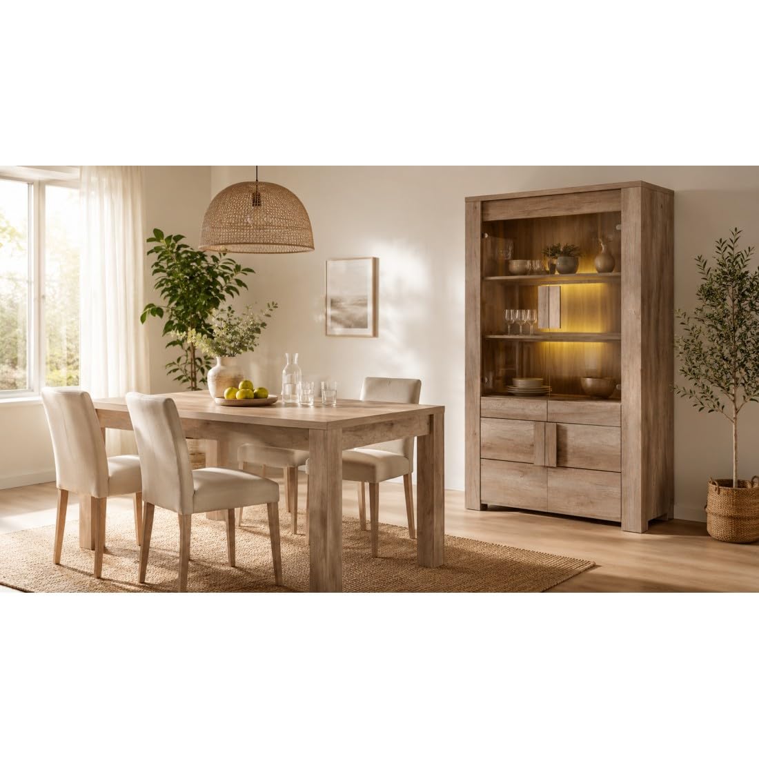 Vitrine FARRA – 4 portes avec LED – Chêne dab canyon – 120 x 195 x 47 cm