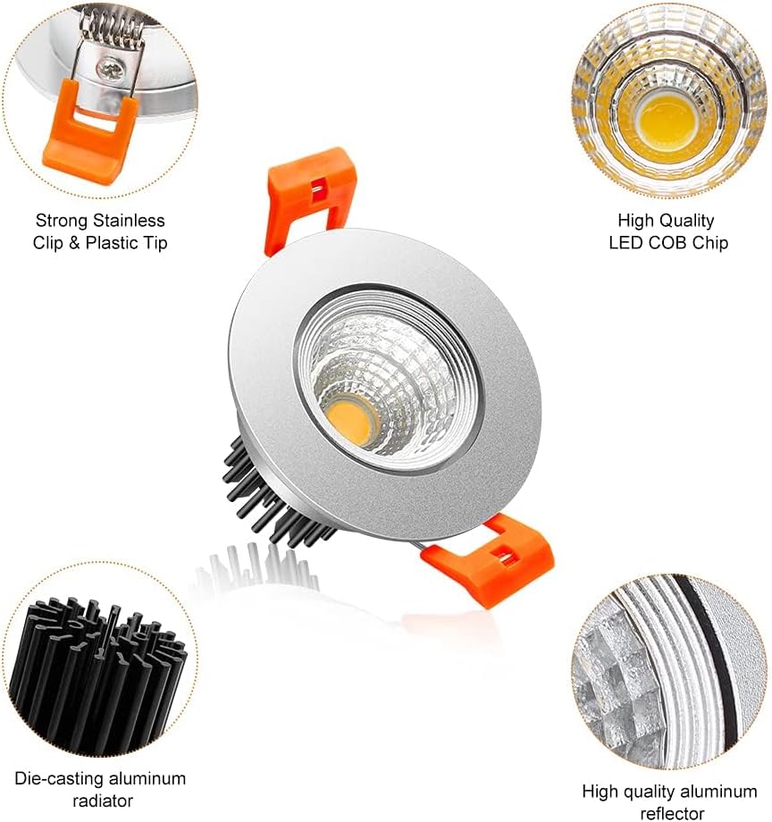 2Inch LED Recessed Ceiling Light, 3W Dimmable LED Downlight, 60 Beam Angle COB Recessed Lights with Driver, Warm White 3000K-3500K, 25W Halogen Bulbs Equivalent for Ceiling Lighting, Silver 6Pack