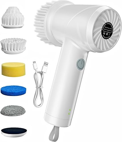 Limpiador eléctrico giratorio Limpiador de ducha impermeable IPX7 inalámbrico con 2 ajustes de velocidad y 6 cabezales reemplazables, cepillo de