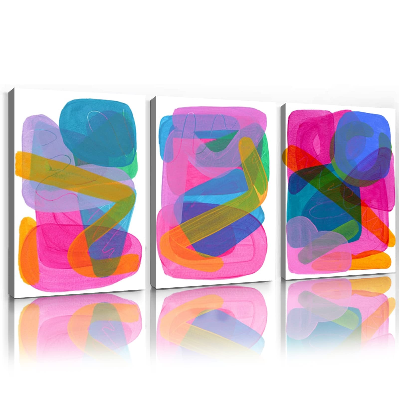 Blue and Pink Canvas Wall Art Abstract Colorful Painting Bright Color Pictures for Wall Multicolor Abstract Wall Art Pastel Pink Prints Geometric Modern Poster Bright Pink Wall Art 16x24inchx3 No