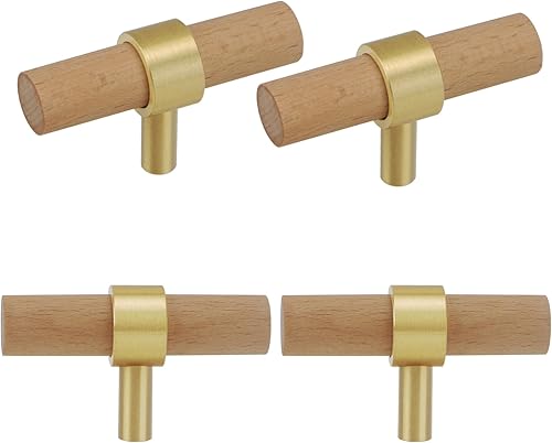 foxwake Manijas de tocador de madera y latón con un solo agujero, juego de 4 unidades, estilo escandinavo, moderno, para armario de cocina, pomo de