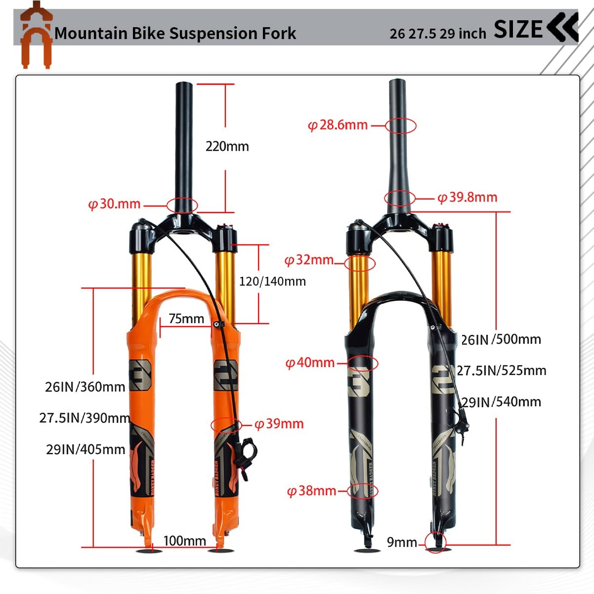 Horquilla De Suspensión Air para MTB 26, 27,5 Y 29'' Horquillas Delanteras De Liberación Rápida Recorrido De 100/120mm Tubo Recto/cónico Freno De Disco(Black Straight,26''-120mm)