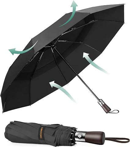 TECKNET paraguas plegable, un paraguas plegable antiviento con 9 varillas resistentes y tejido impermeable 210T,Este paraguas automático es adecuado tanto para días soleados como lluviosos
